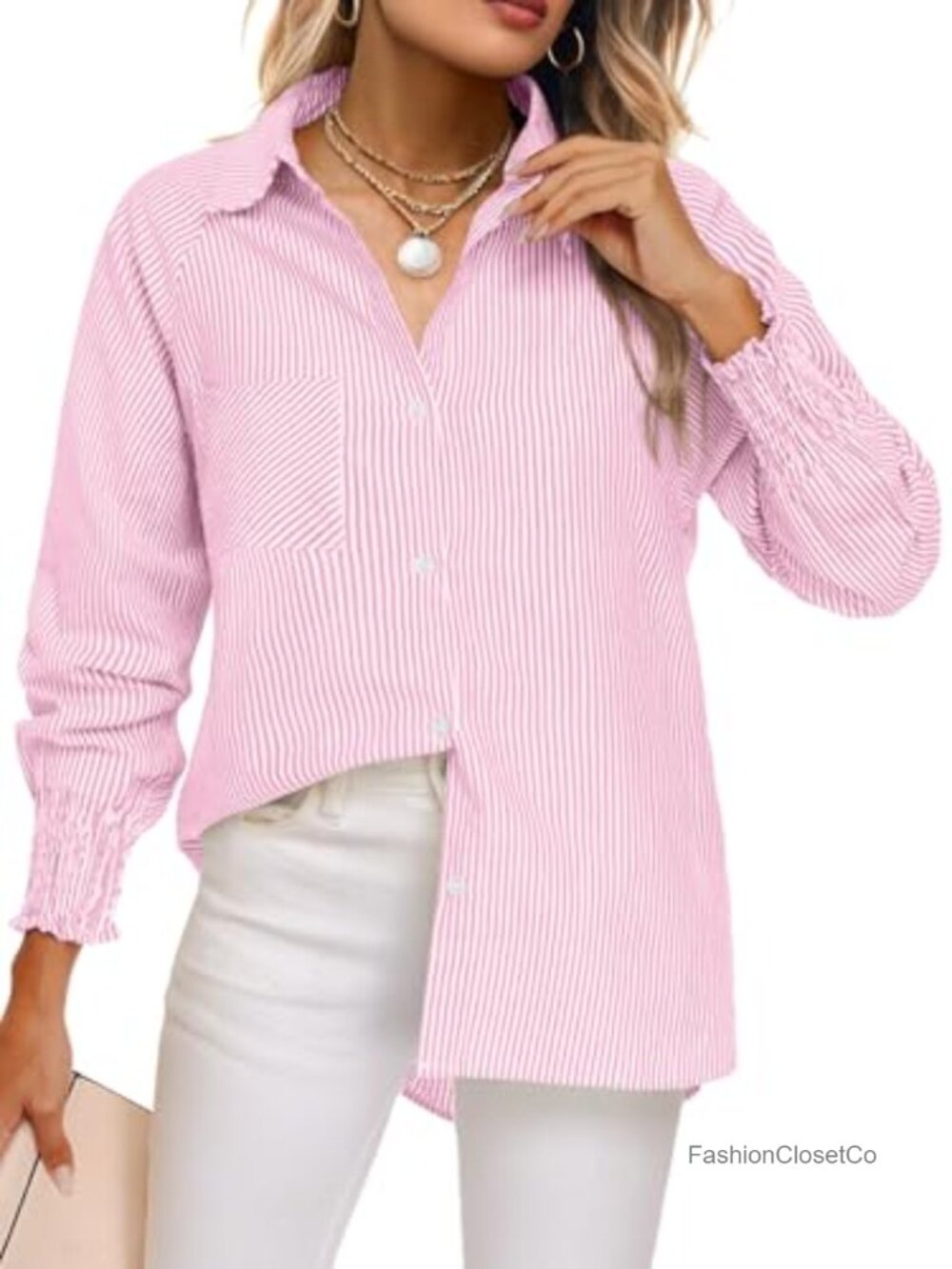 Women's Button Down Shirt Long Sleeve Smocked Cuffed Striped Work Blouse